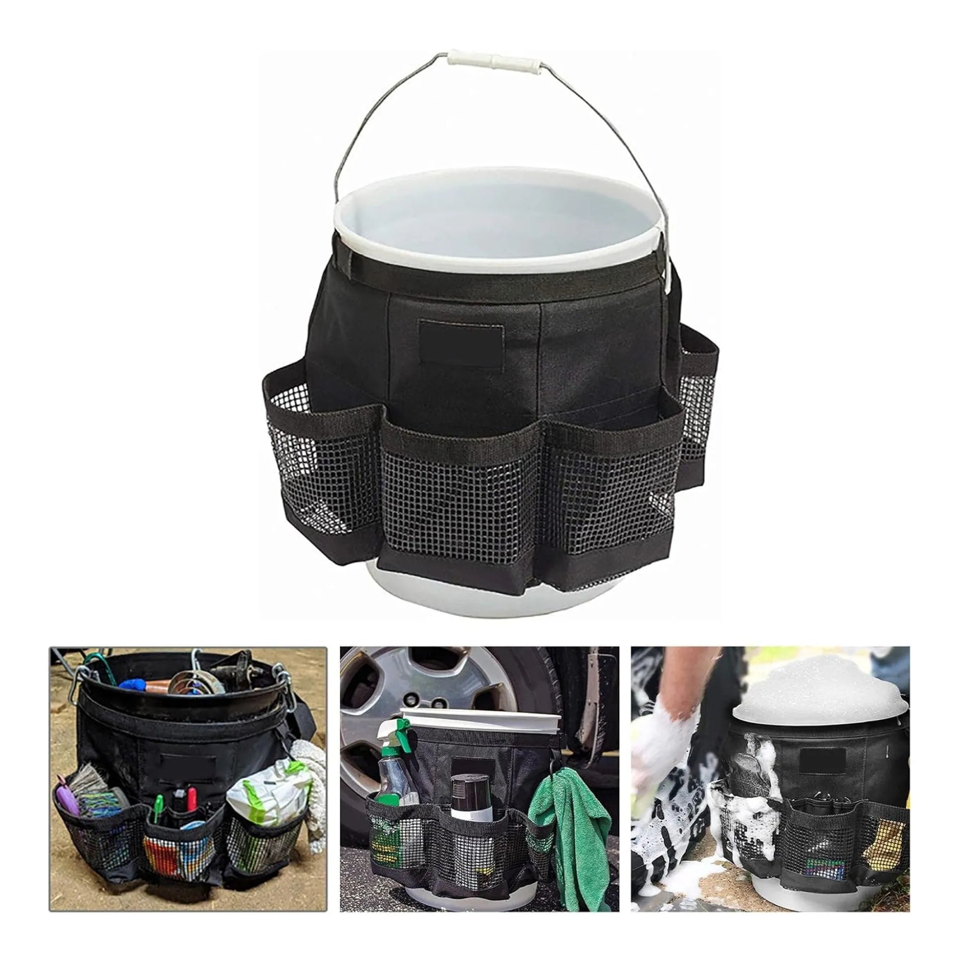 Black cylindrical polyester hanging storage bag attached to a 5-gallon barrel.