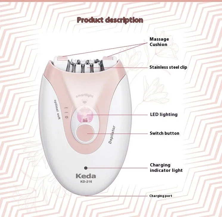 Portable USB hair removal epilator device in KEDA-216 colour with brush cleaning accessory