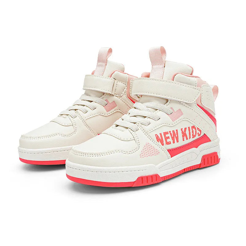 Children's buckle closure sneakers in beige green, blue, white powder, and white & purple colour options