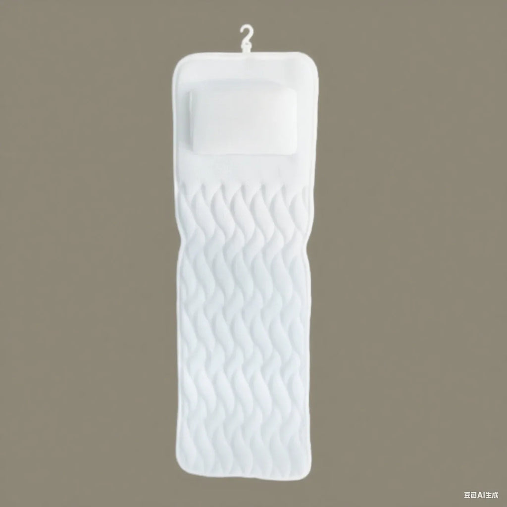 White bathtub pillow with 4D mesh fabric and seven suction cups on a bathtub.