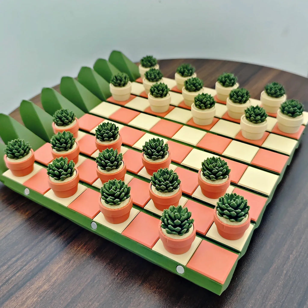 Full magnetic cactus succulent theme chess set with 24 3D printed PLA pieces on a board