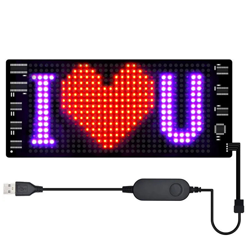 Ultra-thin programmable LED advertising display screen showing colourful animated text, bent to demonstrate flexibility.