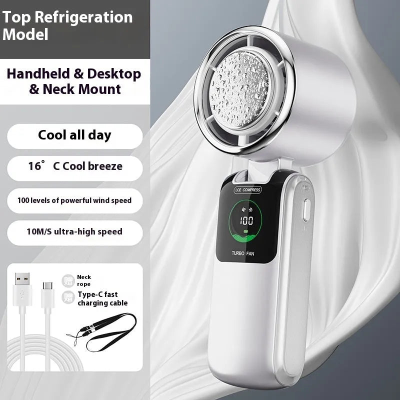 Blue folding handheld USB fan with hanging neck strap shown in open position.