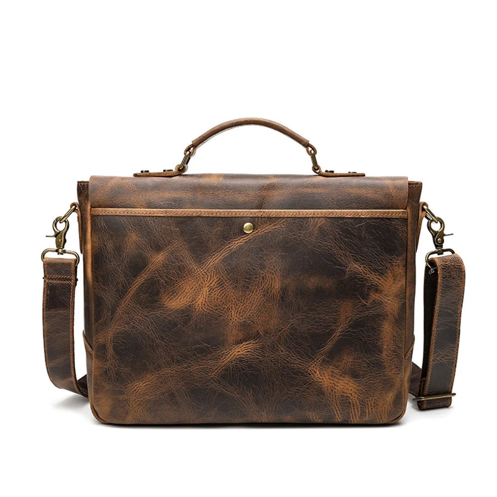 Leather 15 inch mens briefcase satchel in light brown with soft handle and messenger strap