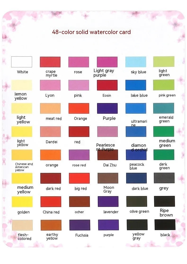 Boxed set of 48 solid watercolour paint blocks for gouache painting and sketching.