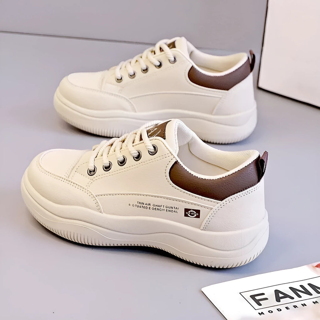 Women's Korean-style white leather shoes with cross straps and round toe