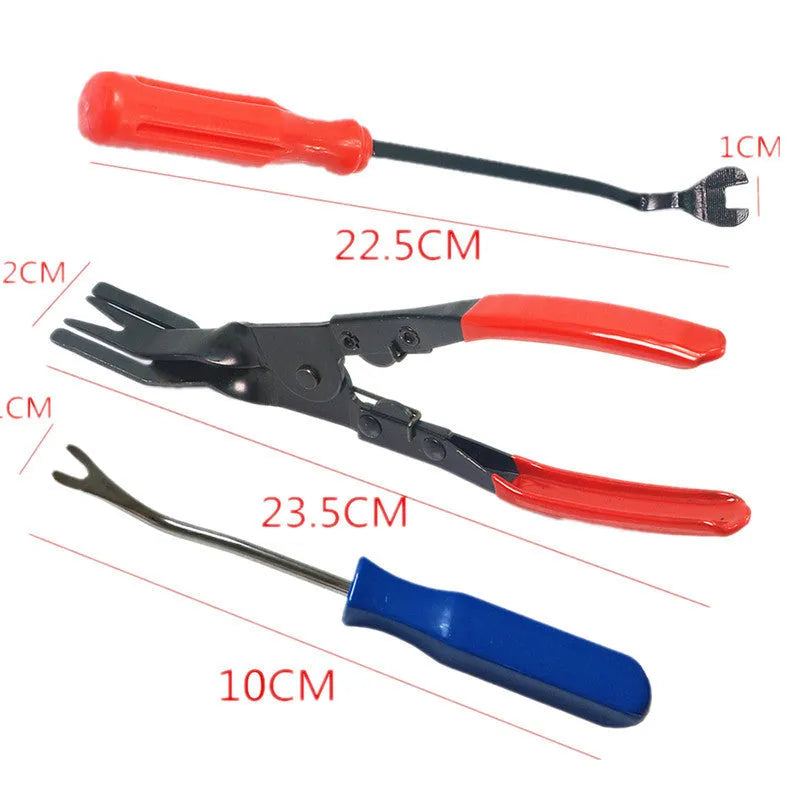 Red-handled steel automotive door panel clip removal tool for General Motors vehicles.