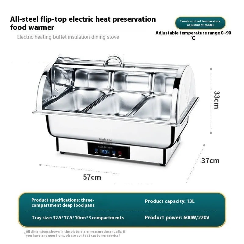 Stainless steel electric buffet stove with transparent flip lid showing LCD temperature control