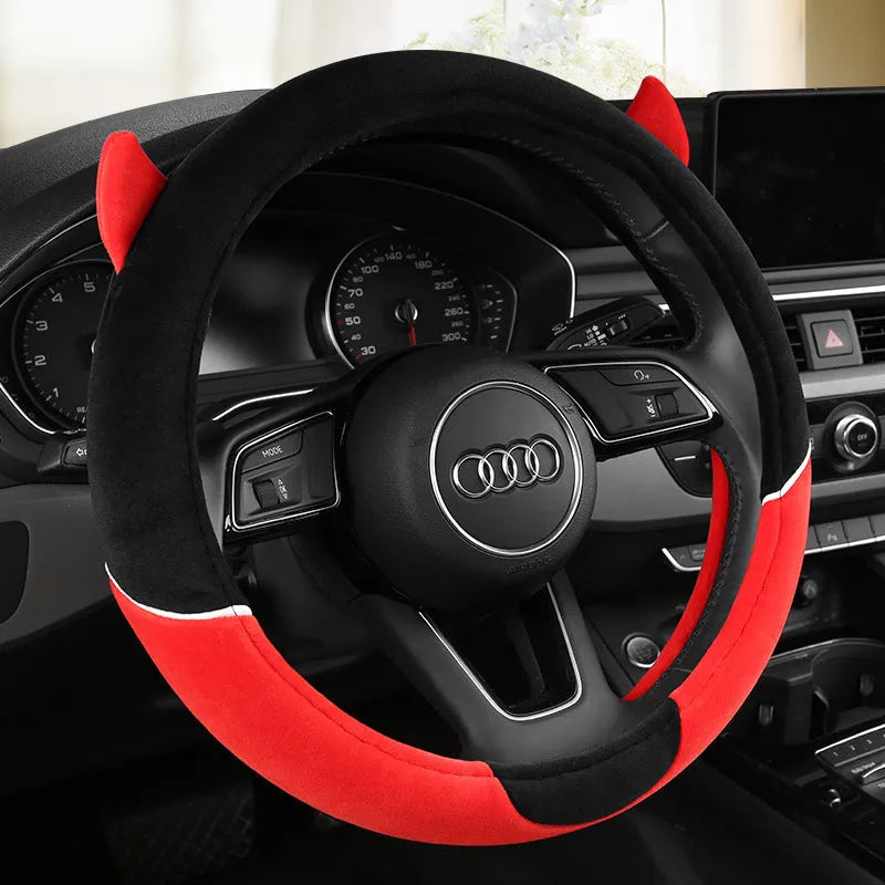 Plush cartoon gloves style car steering wheel cover in black gray colour on car interior