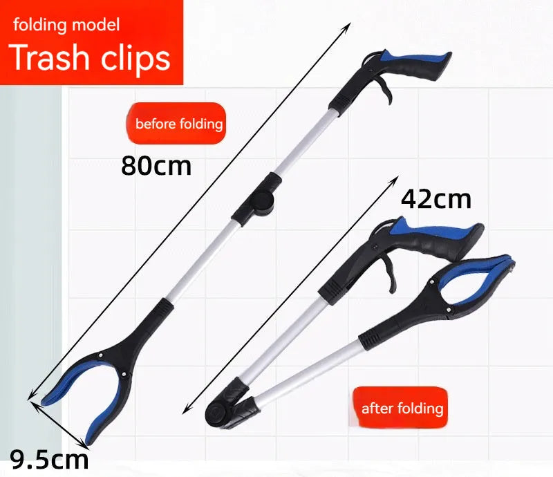 Foldable aluminium garbage clamp with magnetic chuck shown extended to 80cm and folded to 42cm