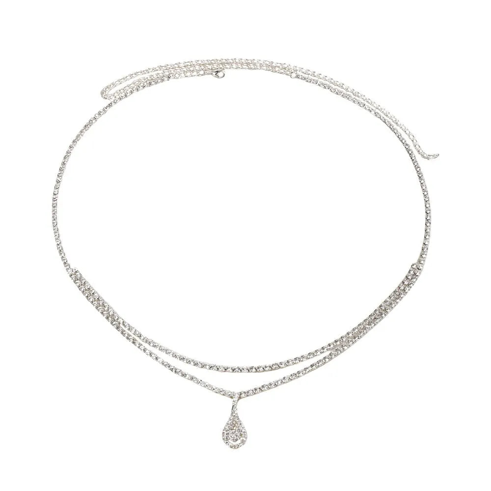 Gold rhinestone water drop pendant on a 115cm adjustable waist chain with lobster buckle.