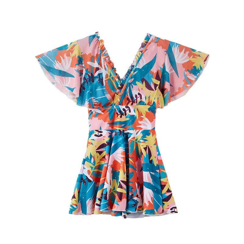 Women's floral print one-piece swimsuit with belly control panel