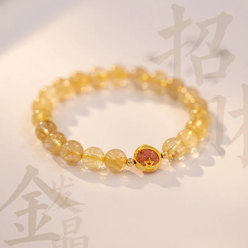 Gold rutilated quartz crystal bracelet with diamond-shaped beads in unisex Korean style