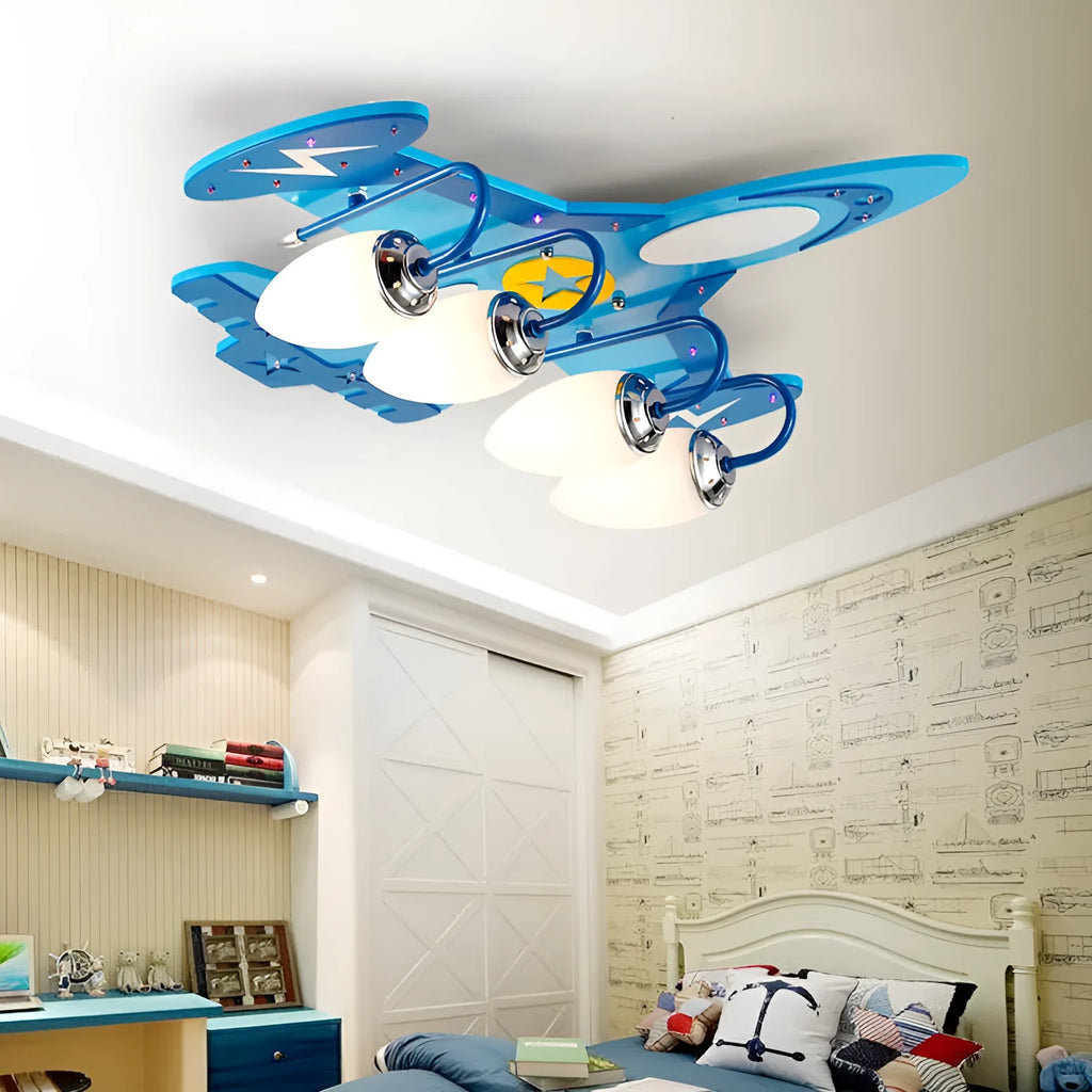 Children's wooden airplane cartoon LED ceiling light with rectangular glass shade