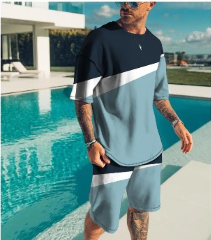 Men's casual beach style 3D digital print shorts set with T-shirt and shorts in TZ-001, 85% polyester, size S to 8XL