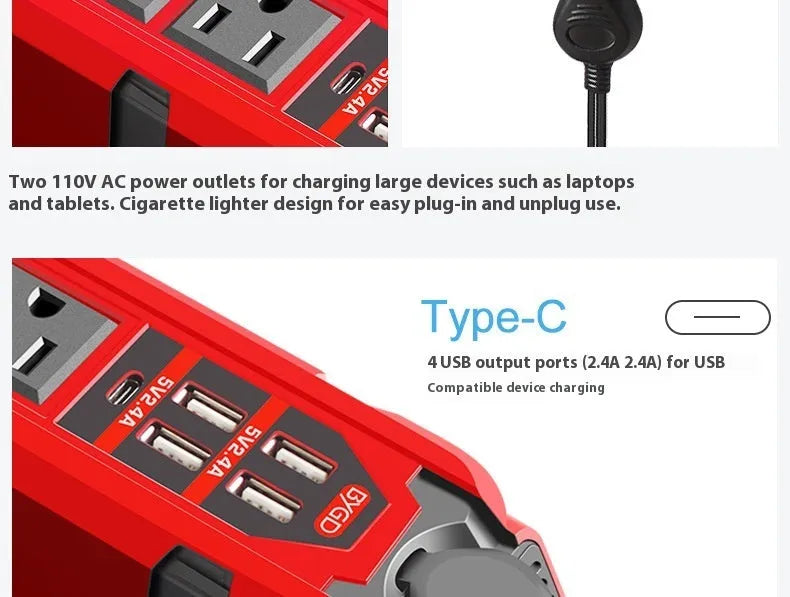 E8960 200W 12V to 110V car power inverter with USB ports, Type-C, and temperature-controlled fan