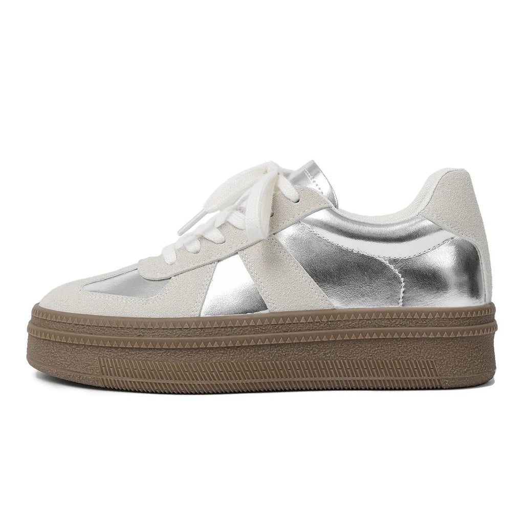 Retro beige and silver casual sports shoes with cross shoulder straps and round toe.