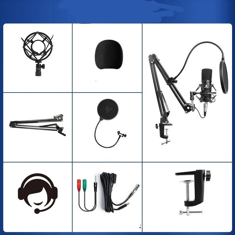 Black wired capacitor microphone with shockproof support and cantilever frame for phone K song and computer recording