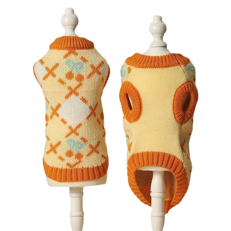 Orange cherry pattern cat sweater for autumn and winter wear, shown in pet clothing context.