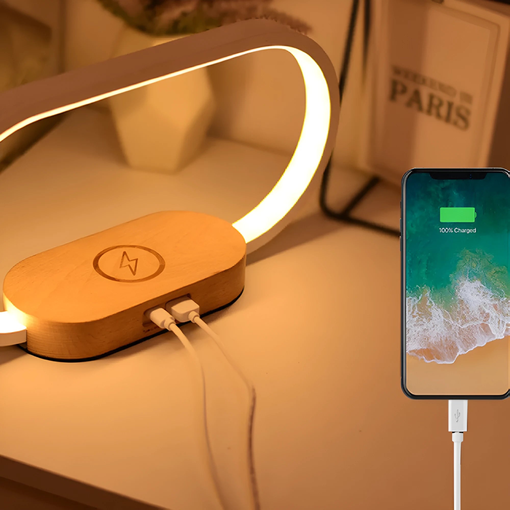Wooden clock bedside table lamp with touch switch, USB power, wood and aluminium body, WR02 wood grain colour