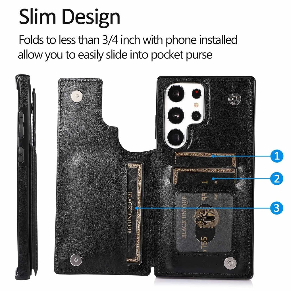 Solid colour double buckle PU leather phone case for Samsung with card slot and magnetic holder, black colour