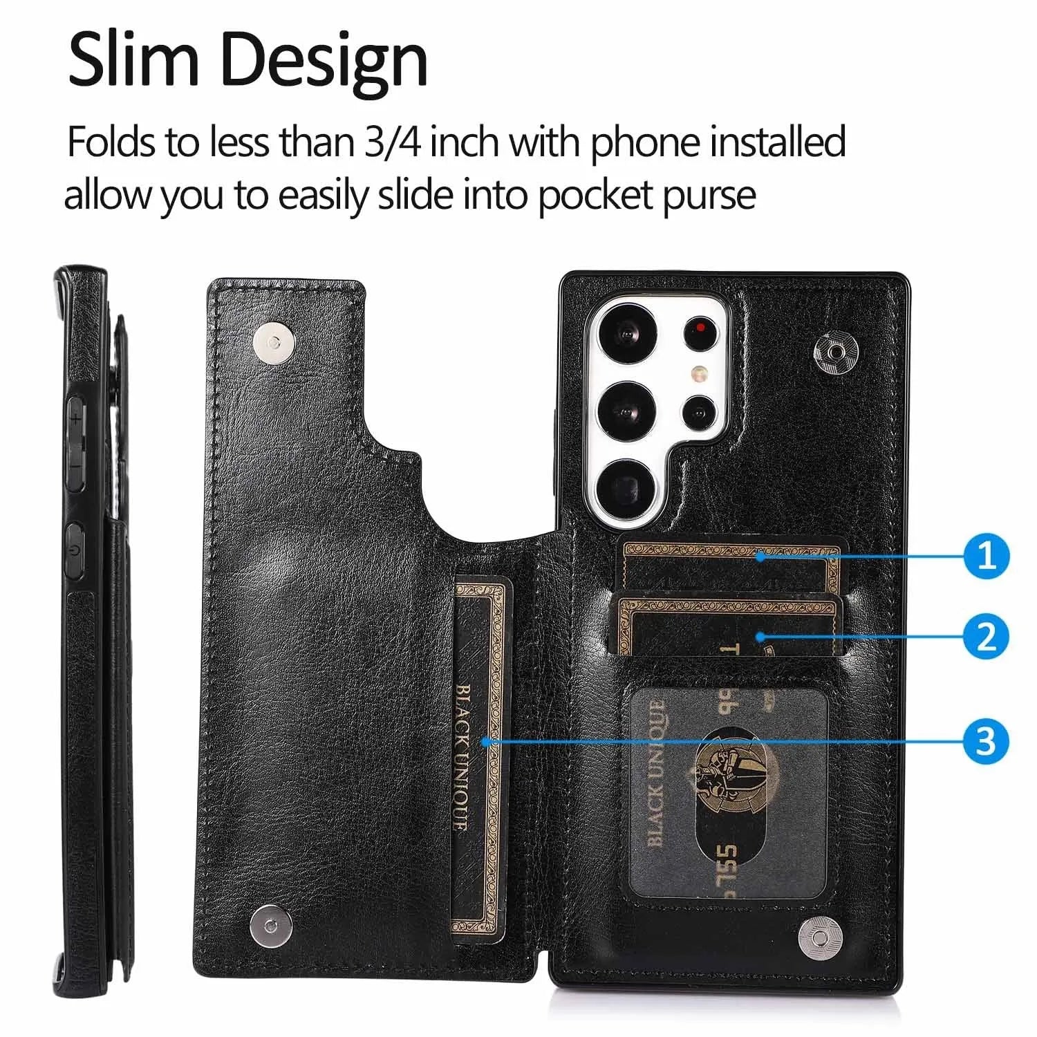 Solid colour double buckle PU leather phone case for Samsung with card slot and magnetic holder, black colour