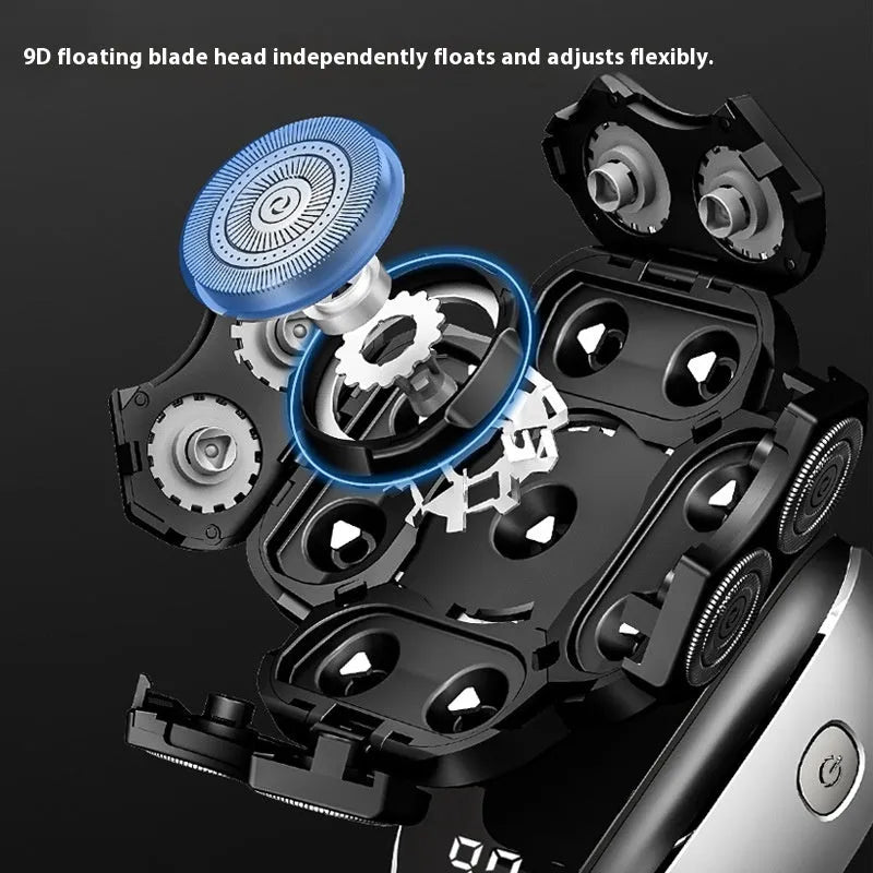 Black rechargeable 6-in-1 multifunctional hair clipper and shaver kit with attachments laid out.