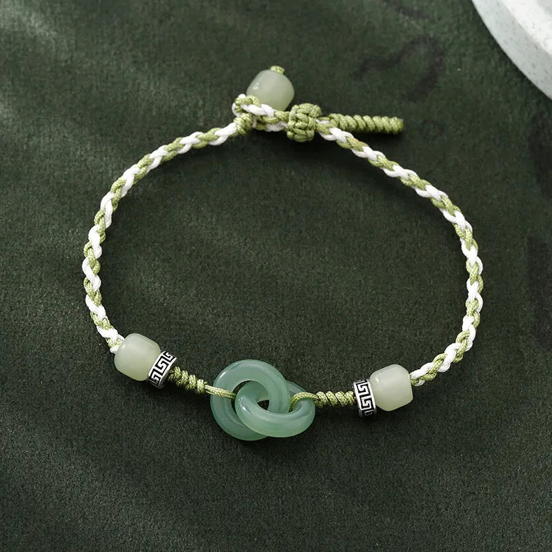 Jade green copper bracelet with peace buckle double ring design and ethnic style weaving