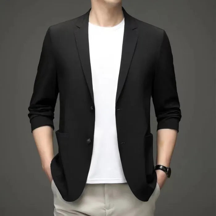 Men's slim-fit polyester business blazer in black with two-button closure, lightweight construction, size M to 7XL