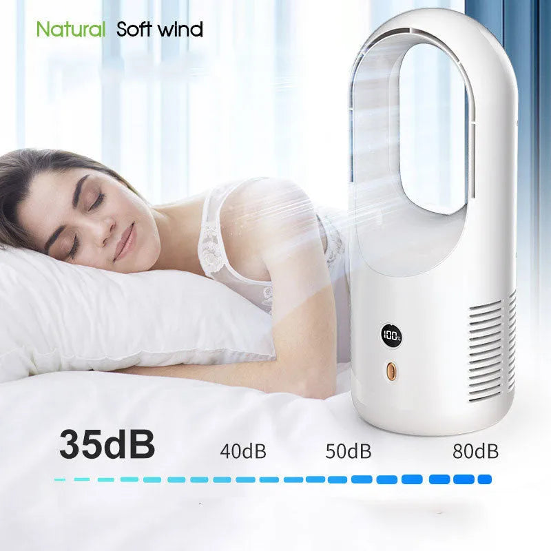 USB rechargeable bladeless desktop fan X28 with LED display showing silent portable cooling