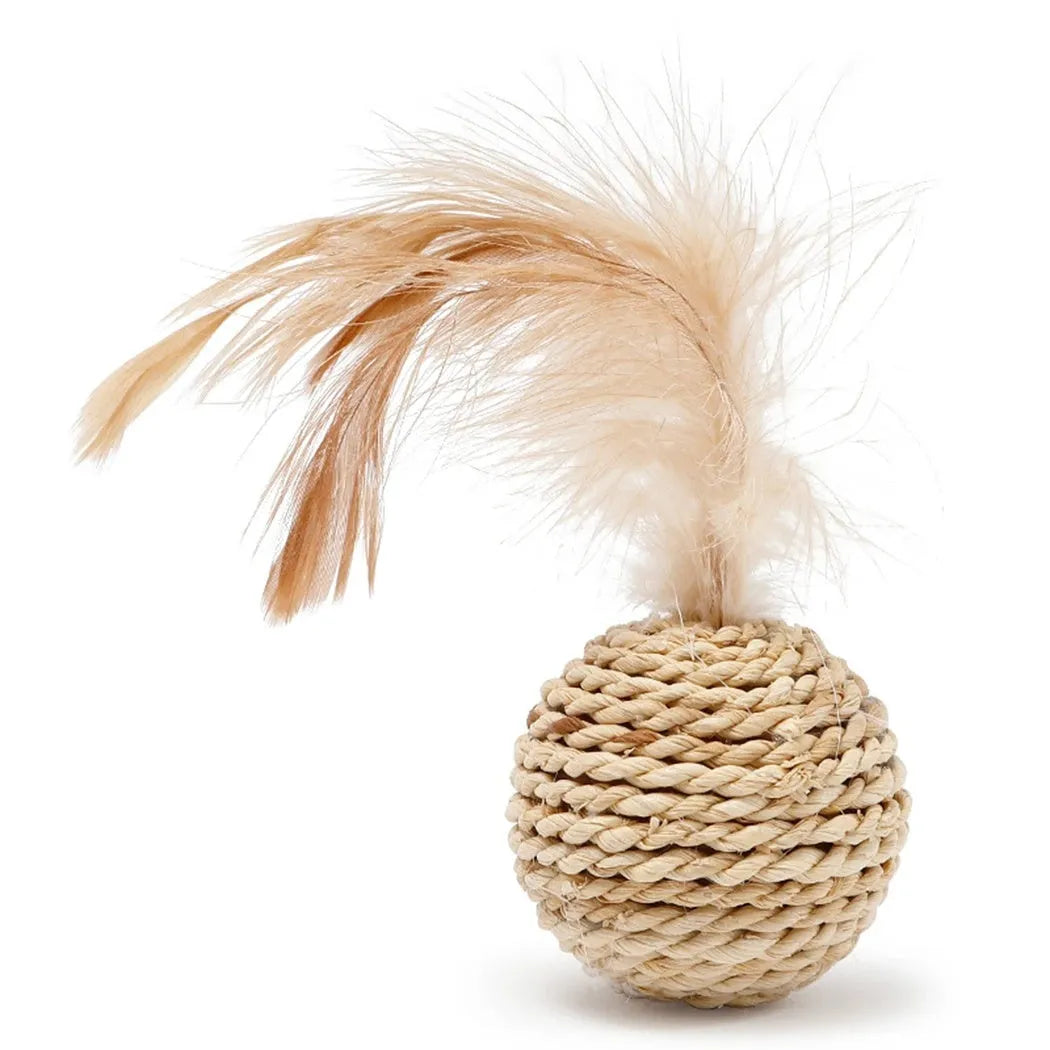 Two cat toy balls: one rattan ball and one faux feather ball with bells