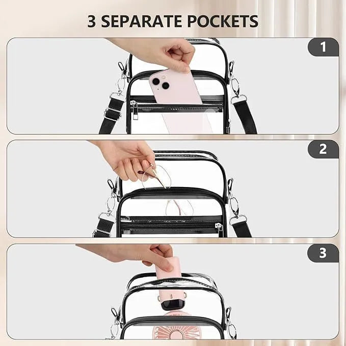 PVC waterproof crossbody bag in cube style design showing dimensions and colour options