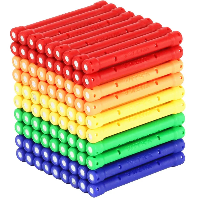 Magnetic building block toy with wooden rods, curved pieces, and 2.7cm balls for construction play