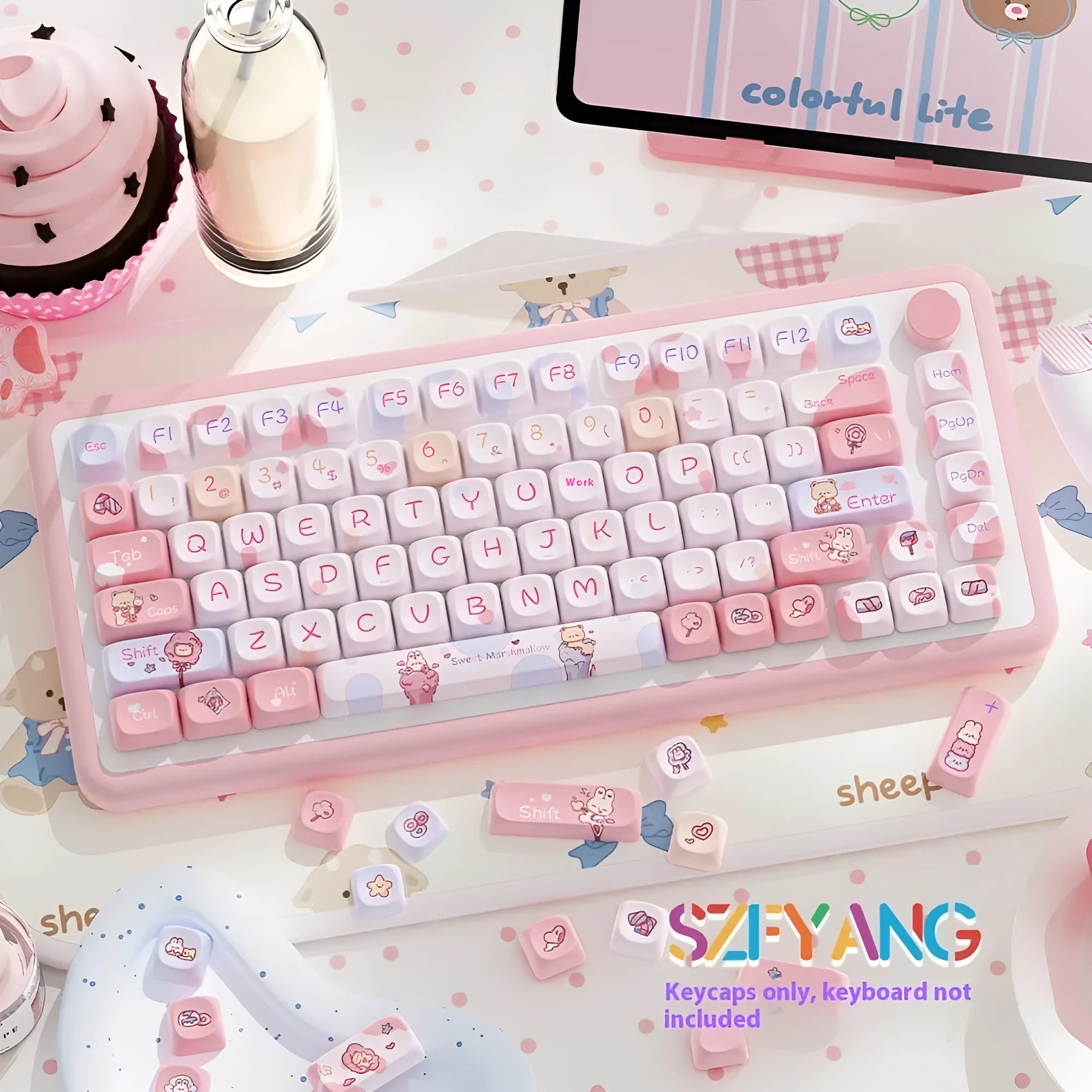 Sweet Cotton Candy coloured PBT keycap set for mechanical keyboards, showing 112-key and 120-key box options.