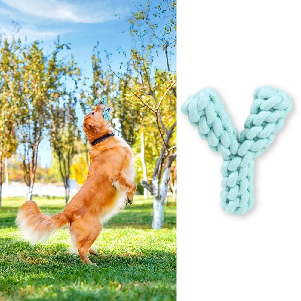 Blue Y-shaped cotton rope dog toy for large breeds measuring 18cm long