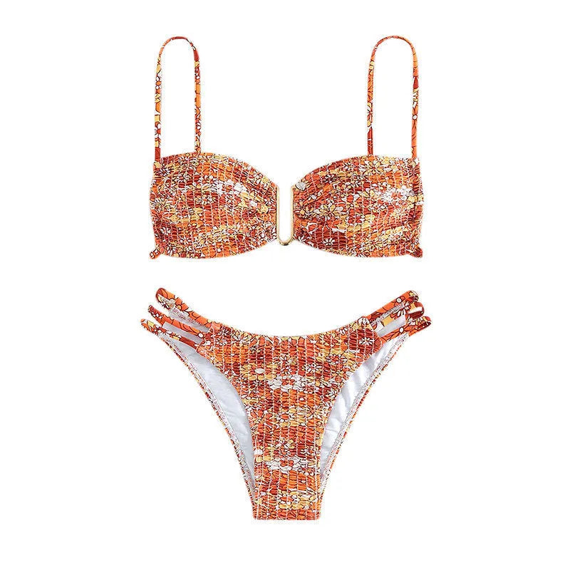 Women's high-waisted floral bikini swimsuit set in a solid colour with a briefs design.