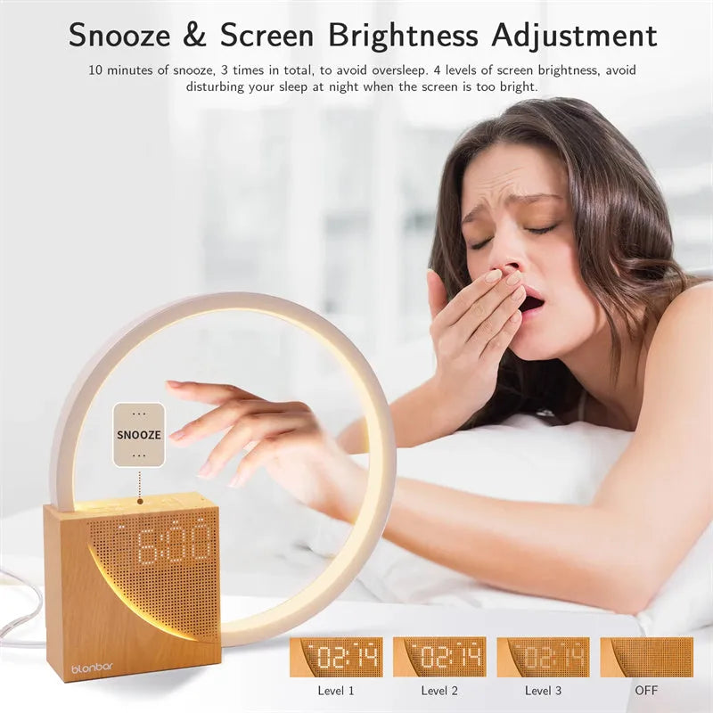 Multifunctional bedside table lamp with digital alarm clock display and touch controls for brightness and natural sounds