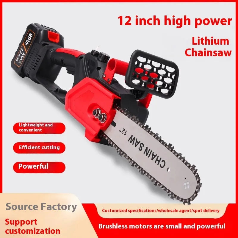 Red 12-inch handheld chainsaw with brushless D1 motor, manganese steel chain, and rechargeable lithium battery