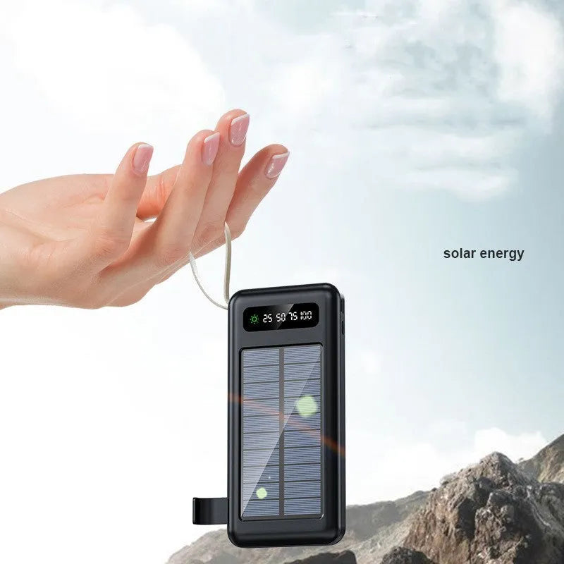 Cool black and ivory white solar power bank with integrated solar panel and multi-interface charging cable