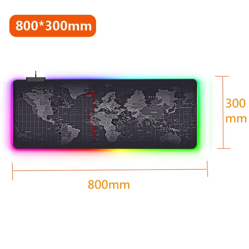 Large RGB gaming mouse pad with waterproof cloth surface and colourful stitched edge, featuring seven style options