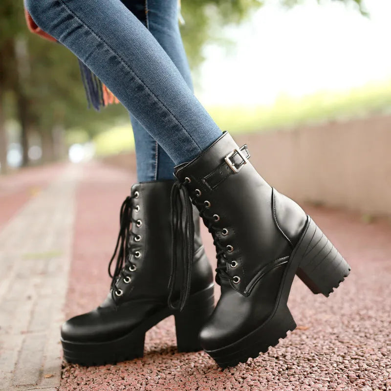 Women's chunky heel PU martin boots square toe in black, brown, and white sizes 34-43