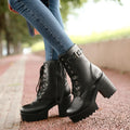 Women's chunky heel PU martin boots square toe in black, brown, and white sizes 34-43