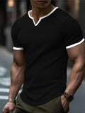 Men's colour-block V-neck outdoor sports t-shirt in waffle-textured polyester fabric.