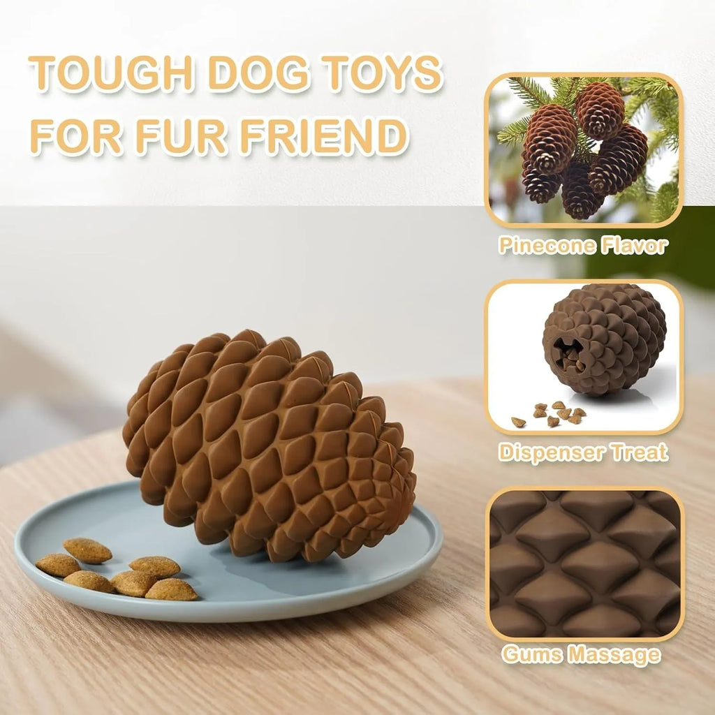 Yellow pine cone-shaped natural rubber dog chew toy with treat dispenser hole.