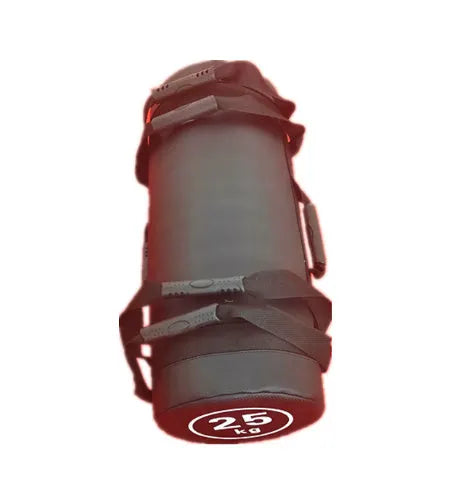 Flat white PVC fitness sandbag for weight training on a gym floor.