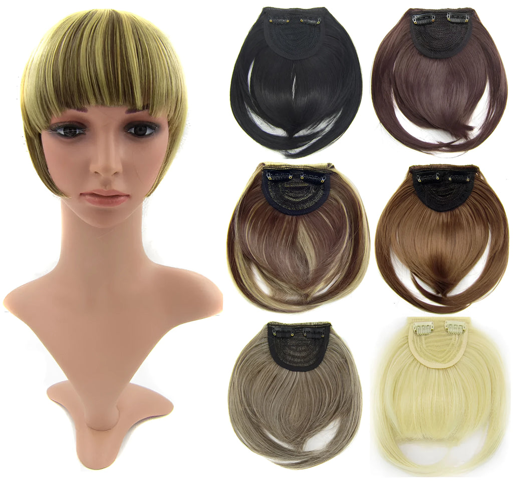 3D clip-in bangs hair extension with layered fringe and clip attachment in a selected shade