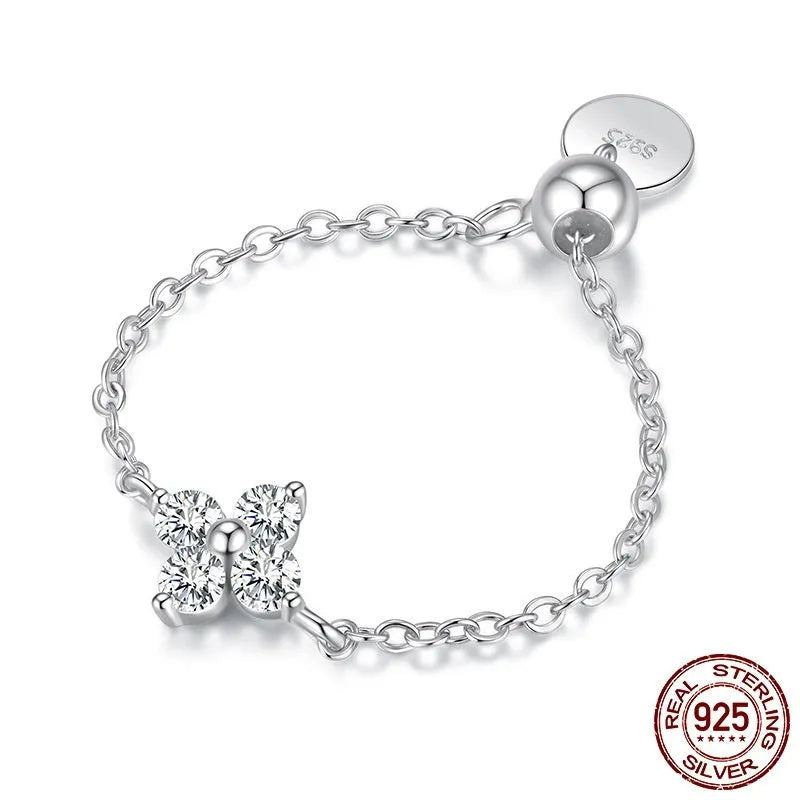 S925 sterling silver four-leaf clover chain ring with adjustable open band in BSR694-E colour