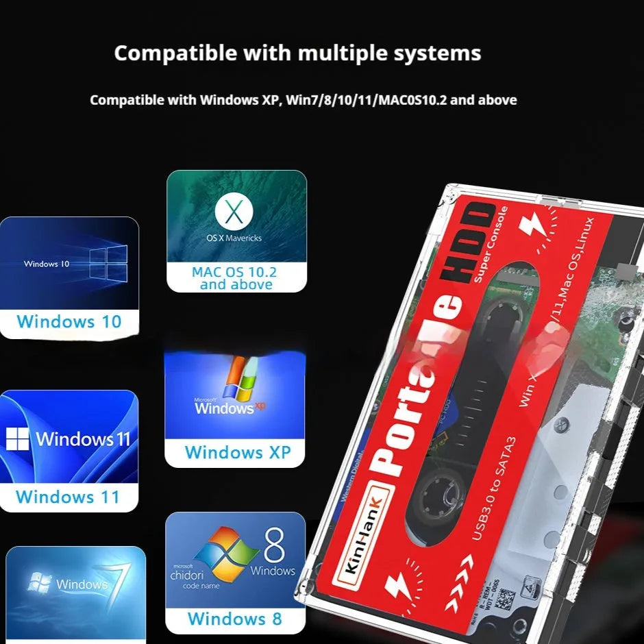 2TB external mechanical hard drive for mobile gaming with USB cable in compact PC housing