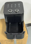 Black digital air fryer with touch screen and 5.5L basket on kitchen countertop