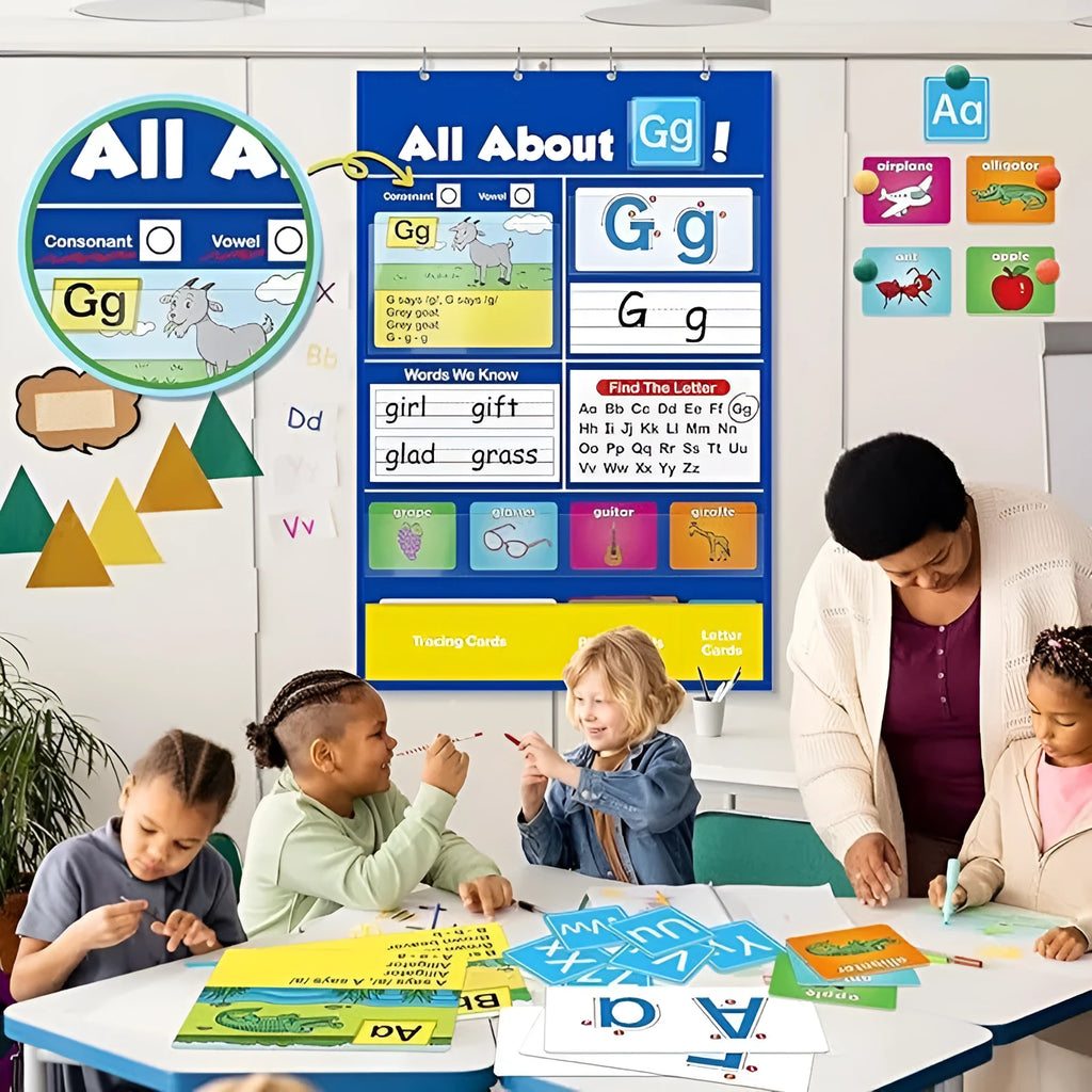 Child using large blue alphabet learning chart with picture and word cards on a wipe-clean 60x40cm surface.